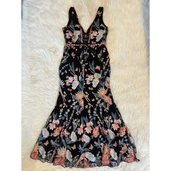 BHLDN Marchesa Notte Butterfly Embroidered Gown Floral Mermaid Midi Maxi  Dress